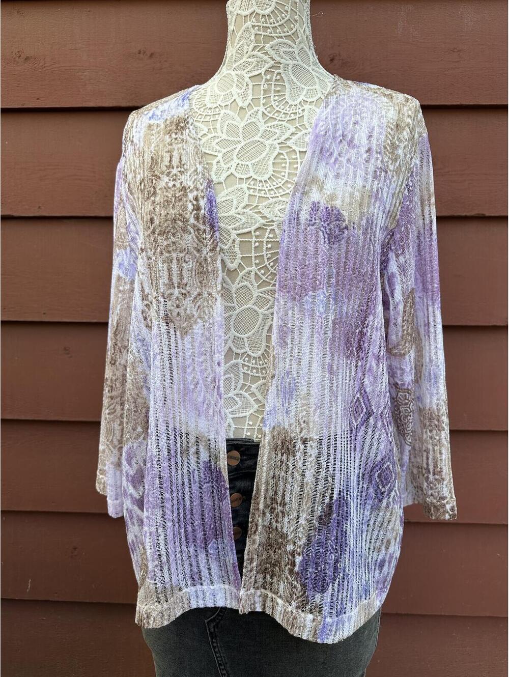 Alfred Dunner Bohemian Lavender Beige Textured Knit Cardigan Large Layer